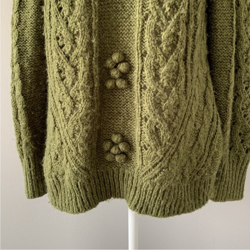 J. Crew Cable Knit Pointelle Alpaca Wool Blend Sweater Popcorn Flowers Green - Picture 5 of 10